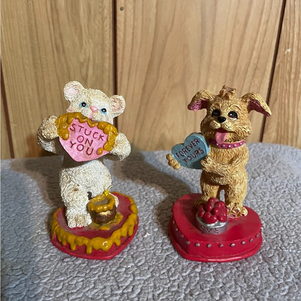 Cute Bear and Dog Figurines with Heart Signs